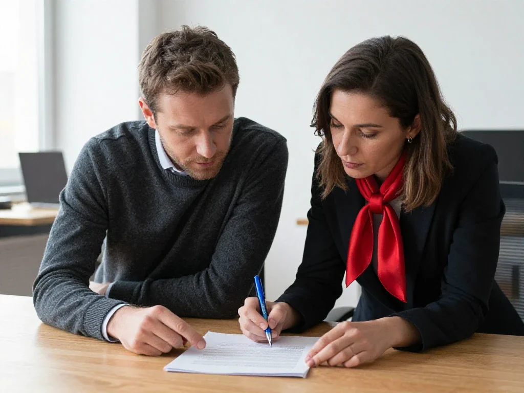 Deux collaborateurs français échangent autour d'un document dans un bureau lumineux pour illustrer le professionnalisme de l'entreprise.