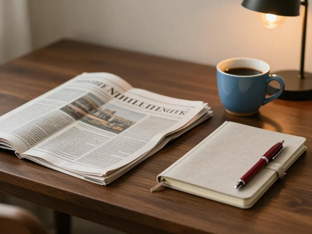Table de lecture lumineuse avec carnet, café et journal ouvert sur un bureau.